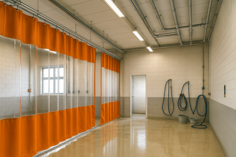 Cortina industrial PVC naranja con visor